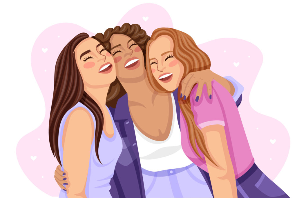 L'illustration présente un groupe de trois femmes rayonnantes, échangeant des sourires chaleureux tout en partageant un léger câlin. Cette scène évoque une atmosphère de joie, de complicité et de connexion entre les femmes.