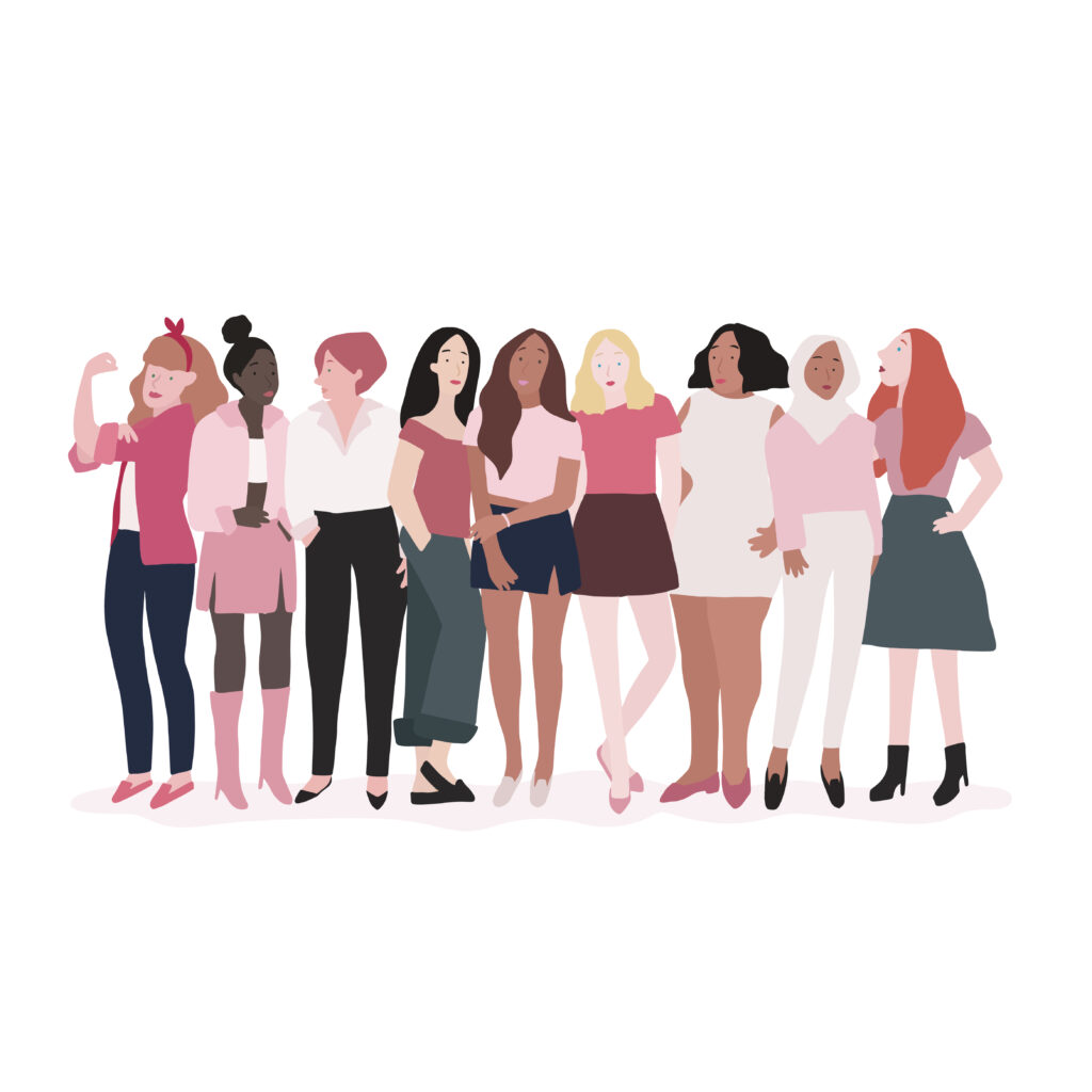 L'illustration présente un groupe de femmes dans toute leur diversité, symbolisant la richesse et la pluralité des expériences féminines. Les femmes représentées viennent de milieux différents, affichent des caractéristiques diverses, et sont unies par une force commune.