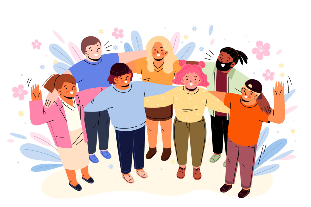 Une illustration chaleureuse où plusieurs personnes, représentant une diversité d'origines et de cultures, se tiennent les épaules en formant un cercle, affichant des sourires radieux. L'unité et l'inclusivité sont palpables dans cette image, symbolisant la force de la diversité et la joie qui émane de la connexion humaine.