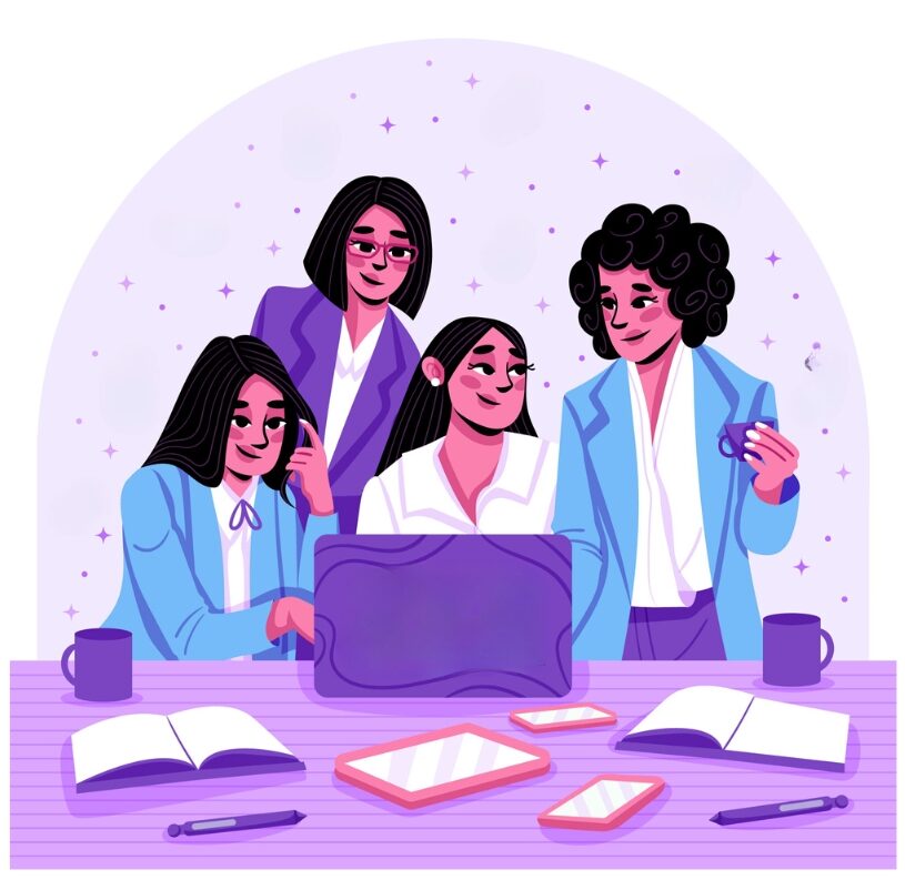 L'illustration présente un groupe de quatre femmes travaillant en équipe devant un ordinateur, leurs visages illuminés par des sourires chaleureux. Cette scène évoque un environnement de travail collaboratif et positif, où la coopération et la camaraderie sont mises en avant.