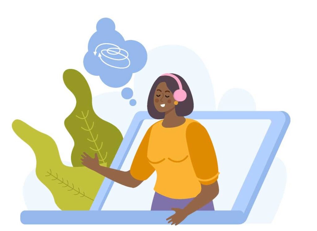 Illustration captivante d'une jeune fille portant des écouteurs, émergeant d'une bulle provenant de son ordinateur, symbolisant le soutien et la connexion virtuelle. Une représentation visuelle de l'échange et du partage à travers la technologie audio, renforçant le lien entre les individus.